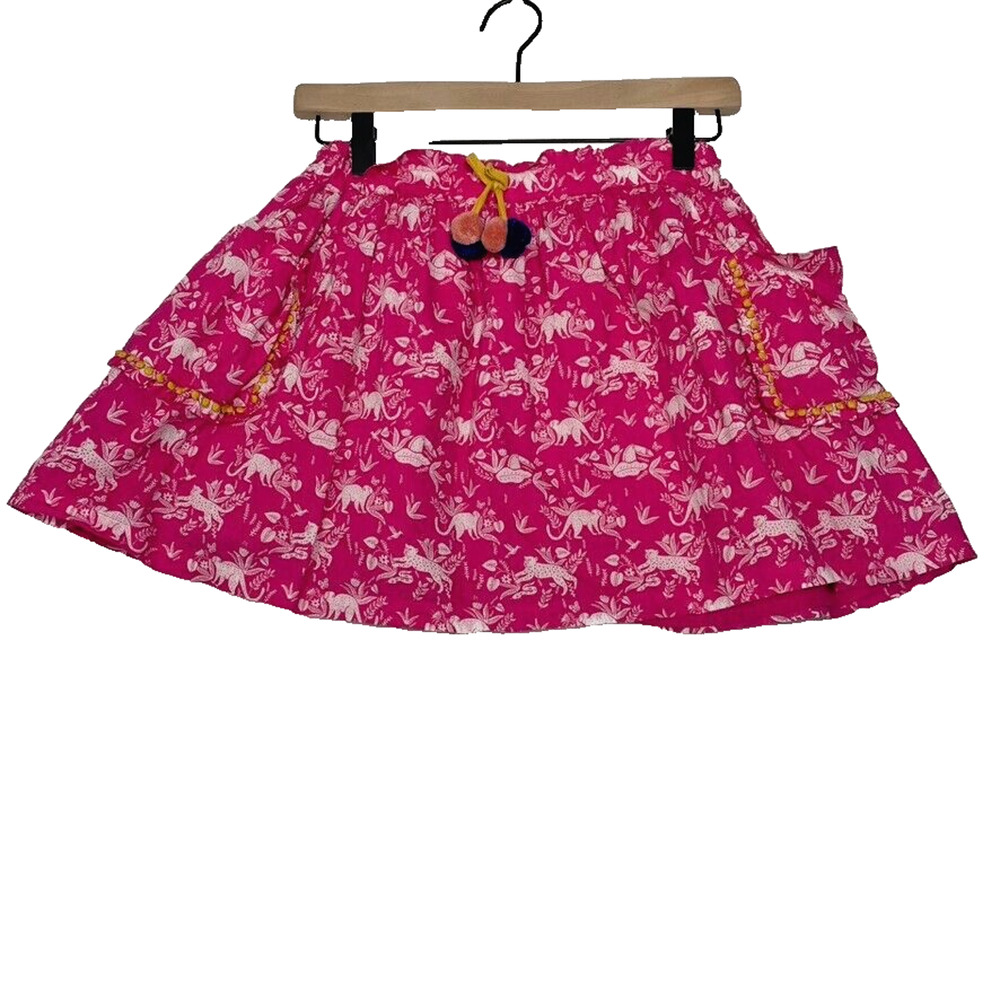 Mini Boden Pink White Animal‎ Print Pom Pom Embroidered Skirt Size 11-12Y